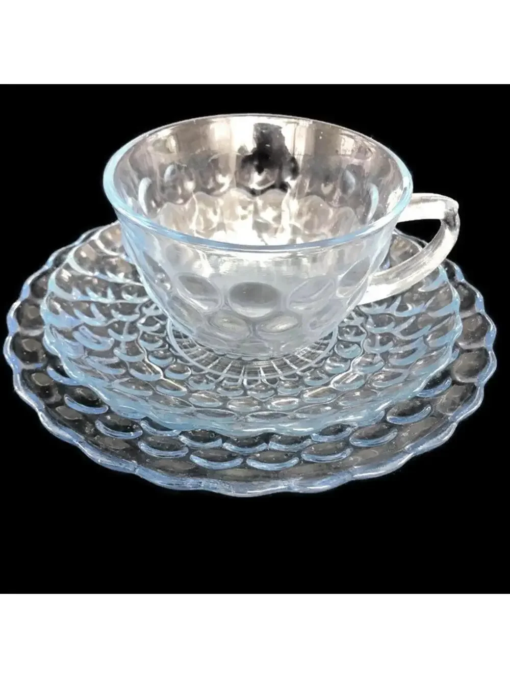 Vintage Anchor Hocking Pale Blue Glassware Set: Bubble Design Tea Cup and Saucer